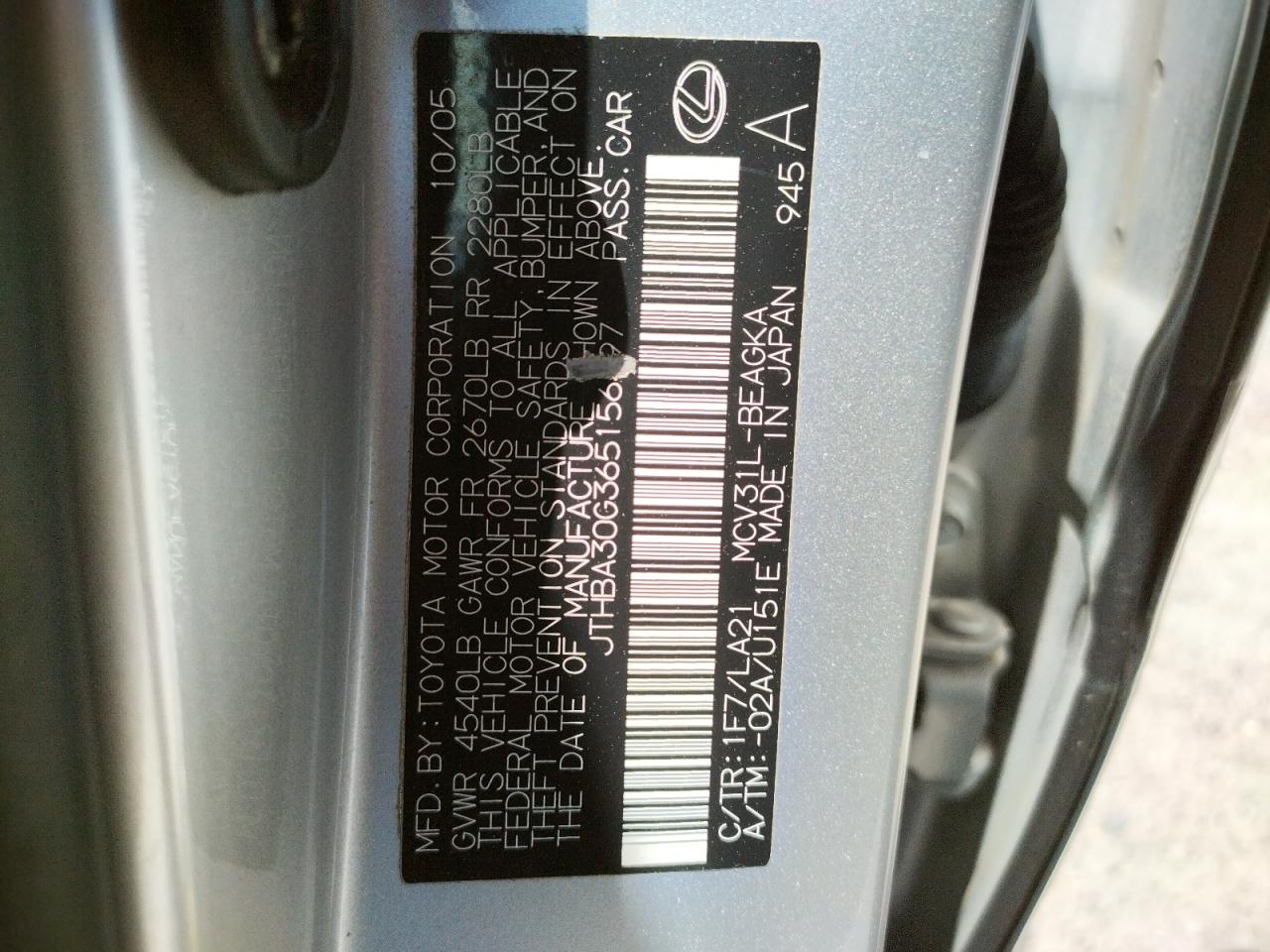 Photo 10 from auction – 2006 LEXUS ES 330 with VIN JTHBA30G365156497