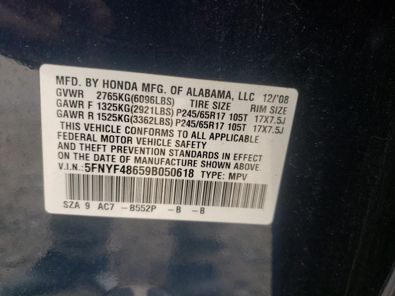Photo 10 from auction – 2009 HONDA PILOT EXL with VIN 5FNYF48659B050618