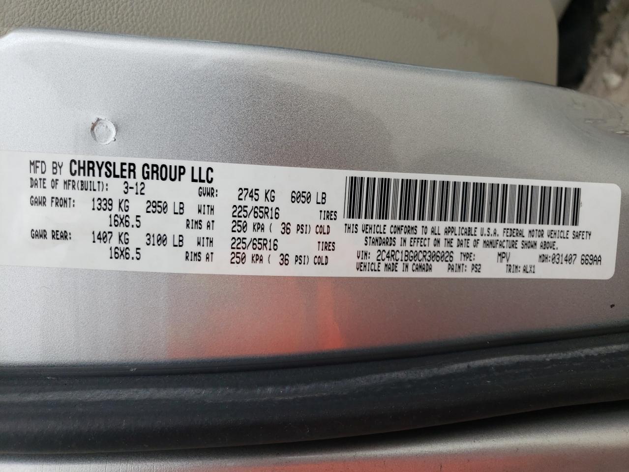 Photo 10 from auction – 2012 CHRYSLER TOWN & COU with VIN 2C4RC1BG0CR306026