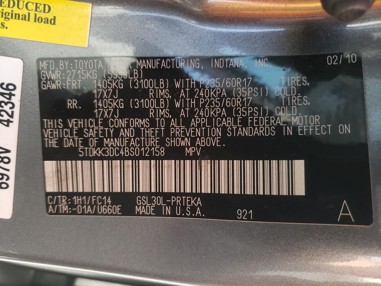Photo 10 from auction – 2011 TOYOTA SIENNA LE with VIN 5TDKK3DC4BS012158