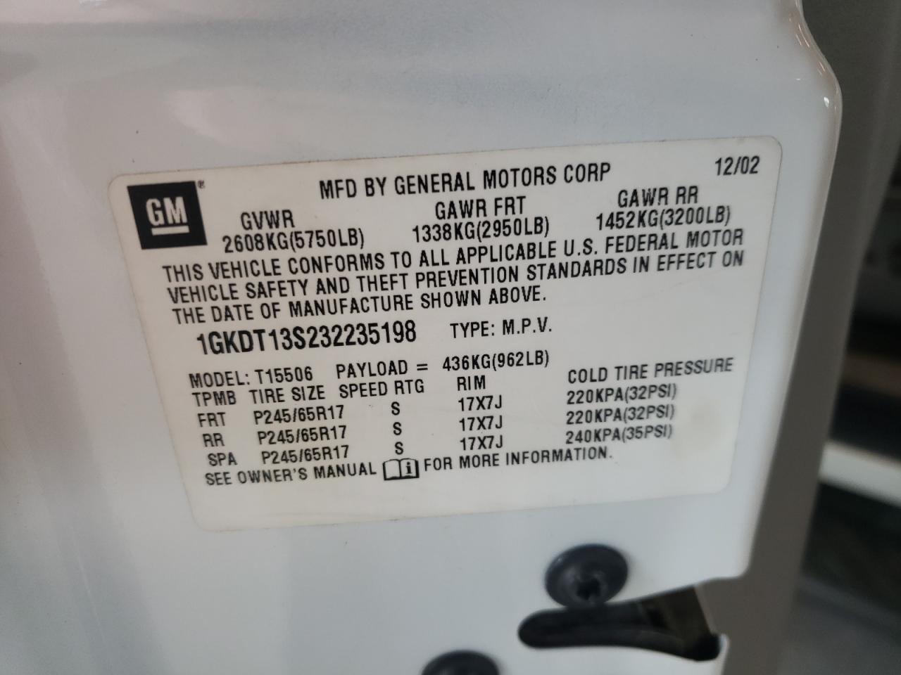 Photo 10 from auction – 2003 GMC ENVOY with VIN 1GKDT13S232235198