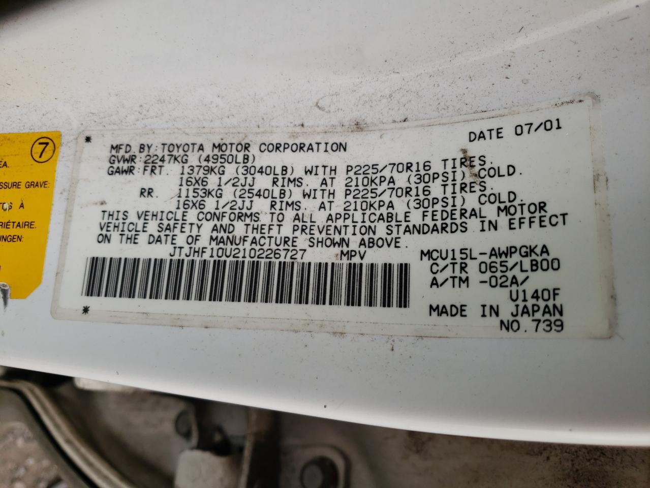 Photo 10 from auction – 2001 LEXUS RX 300 with VIN JTJHF10U210226727