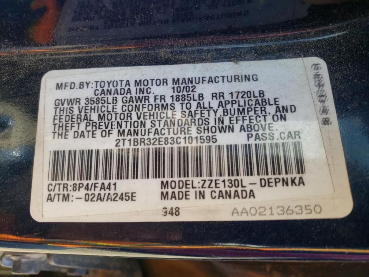 Photo 10 from auction – 2003 TOYOTA COROLLA CE with VIN 2T1BR32E83C101595