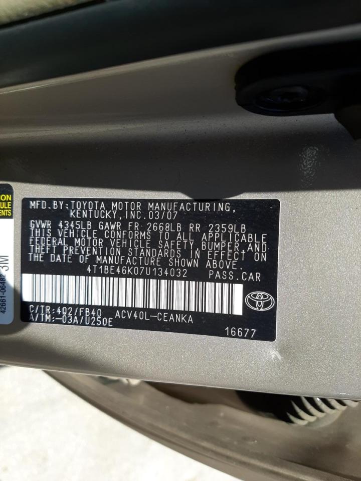 Photo 10 from auction – 2007 TOYOTA CAMRY CE A with VIN 4T1BE46K07U134032
