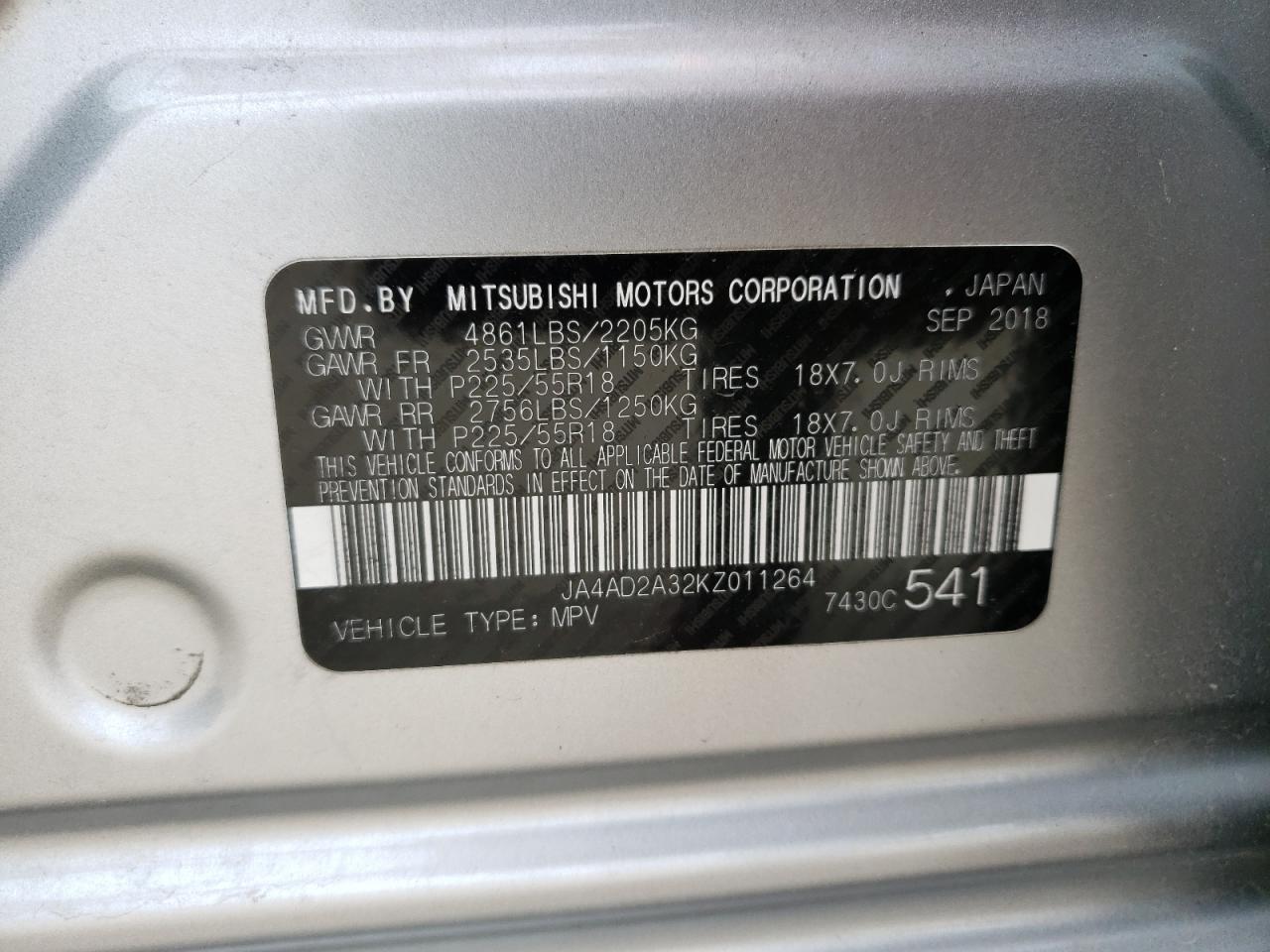 Photo 10 from auction – 2019 MITSUBISHI OUTLANDER with VIN JA4AD2A32KZ011264