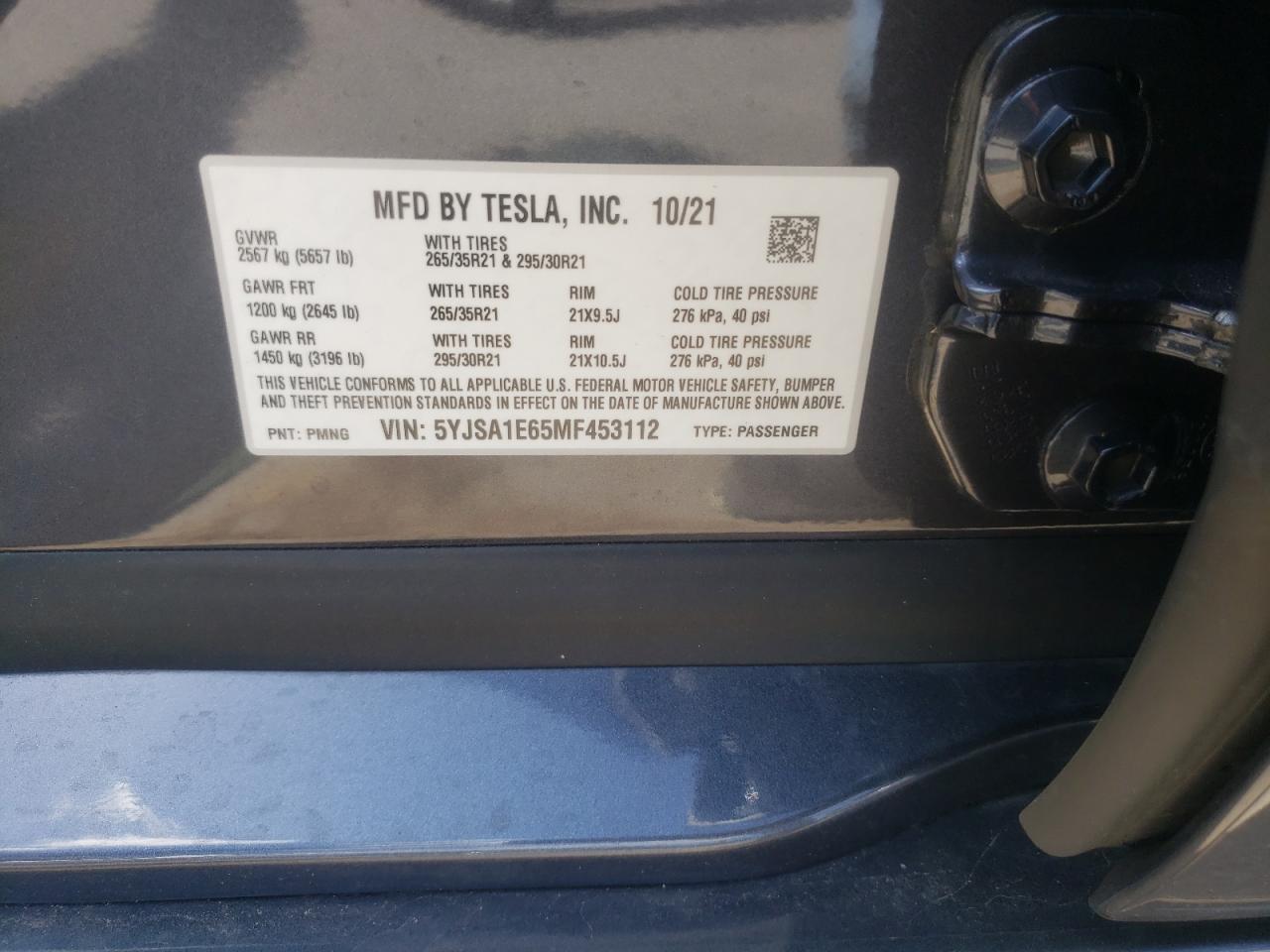 Photo 11 from auction – 2021 TESLA MODEL S with VIN 5YJSA1E65MF453112