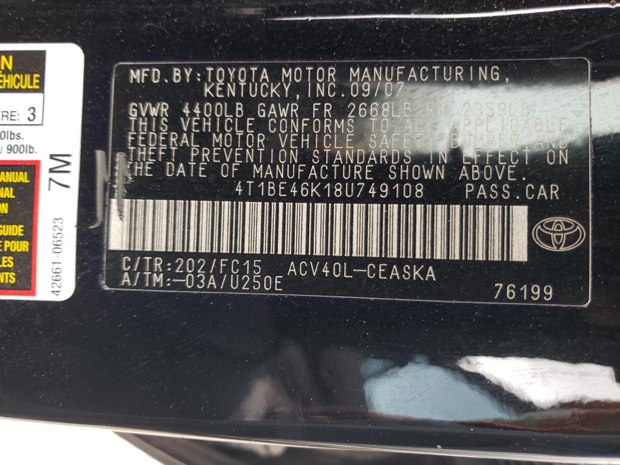 Photo 10 from auction – 2008 TOYOTA CAMRY CE with VIN 4T1BE46K18U749108