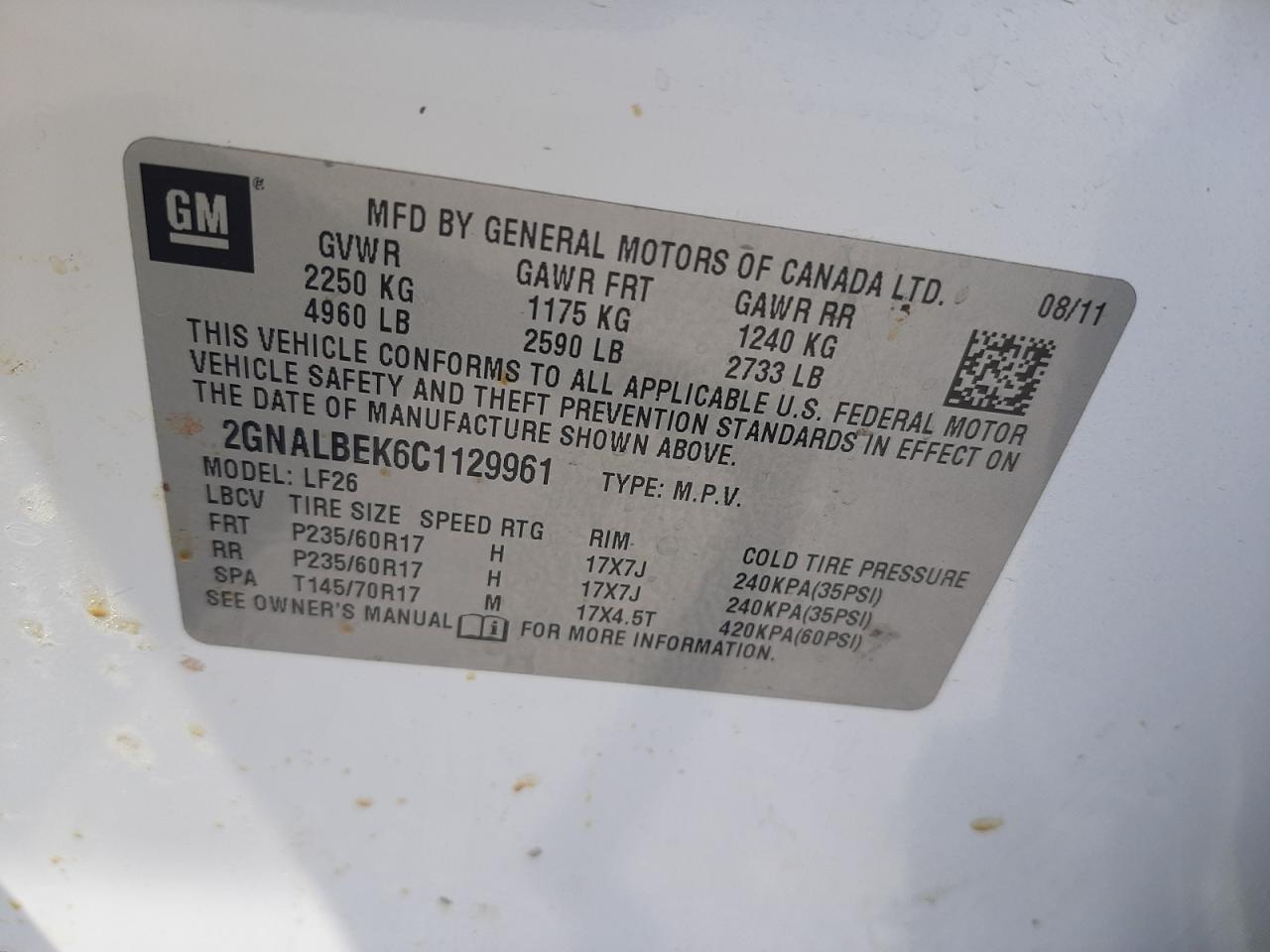 Photo 10 from auction – 2012 CHEVROLET EQUINOX LS with VIN 2GNALBEK6C1129961