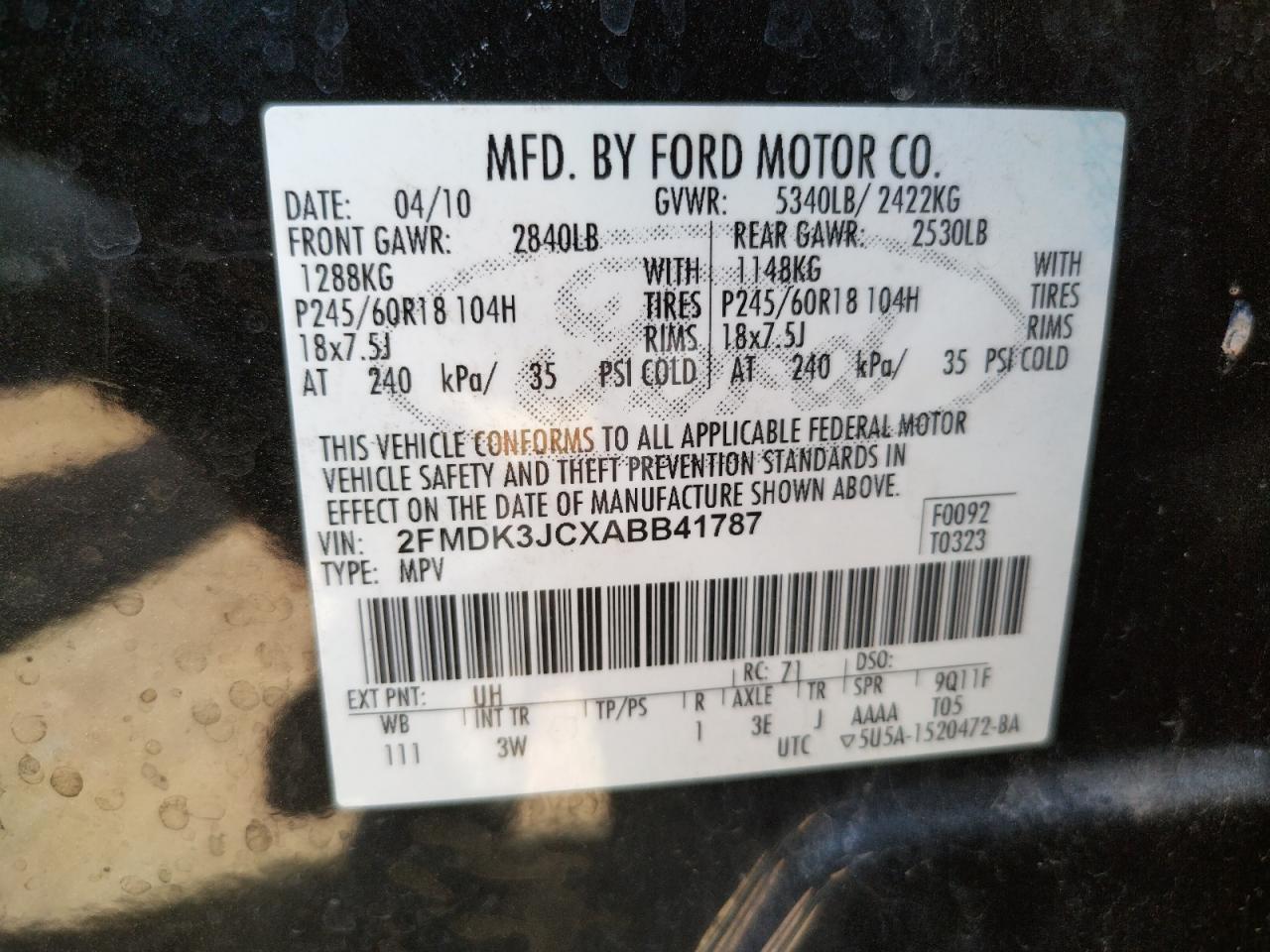 Photo 10 from auction – 2010 FORD EDGE SEL with VIN 2FMDK3JCXABB41787