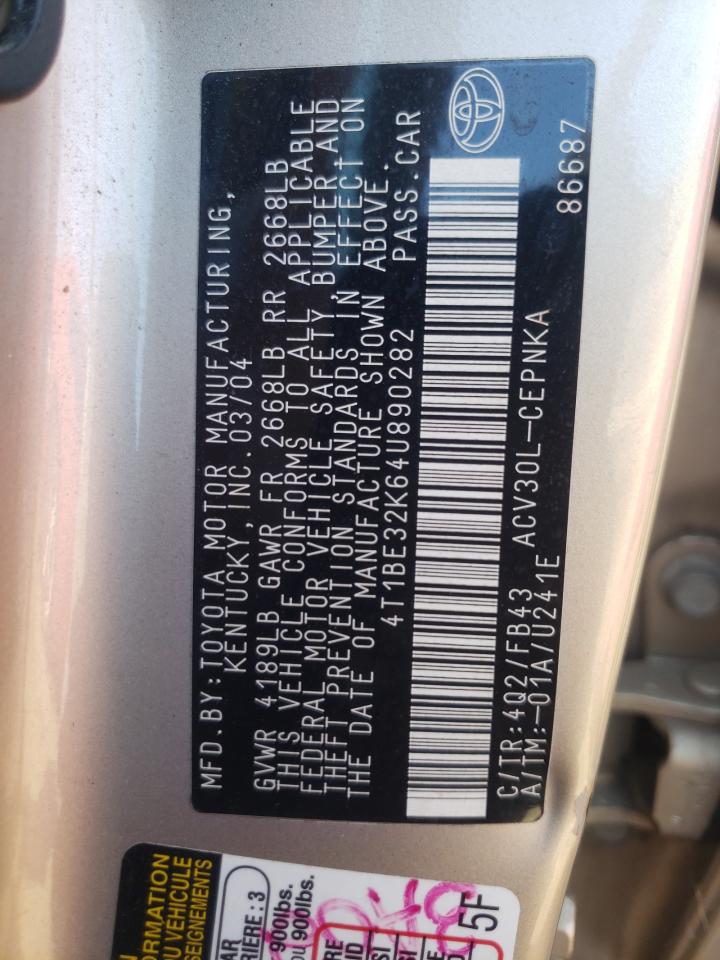 Photo 10 from auction – 2004 TOYOTA CAMRY LE with VIN 4T1BE32K64U890282