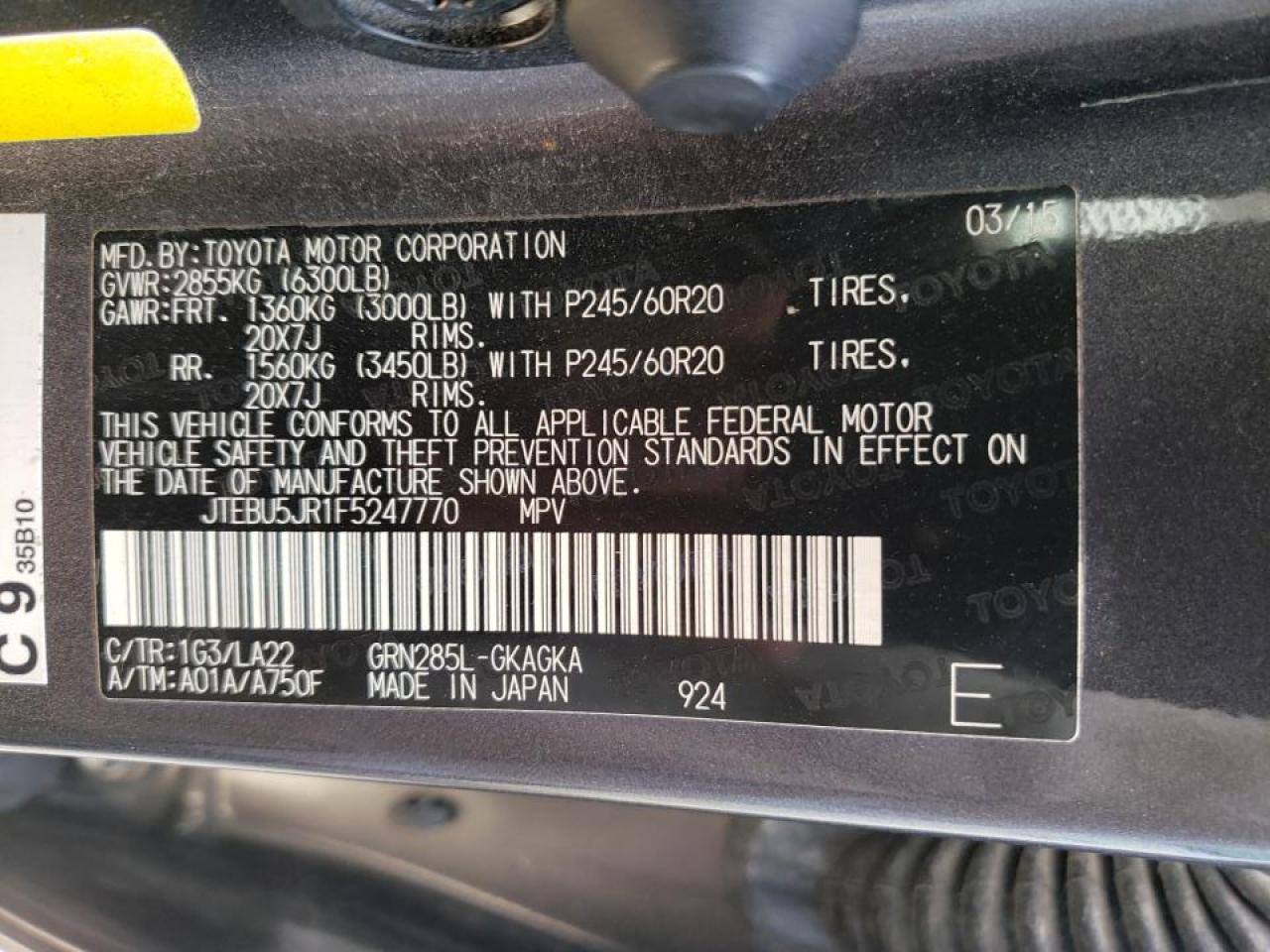 Photo 10 from auction – 2015 TOYOTA 4RUNNER SR with VIN JTEBU5JR1F5247770
