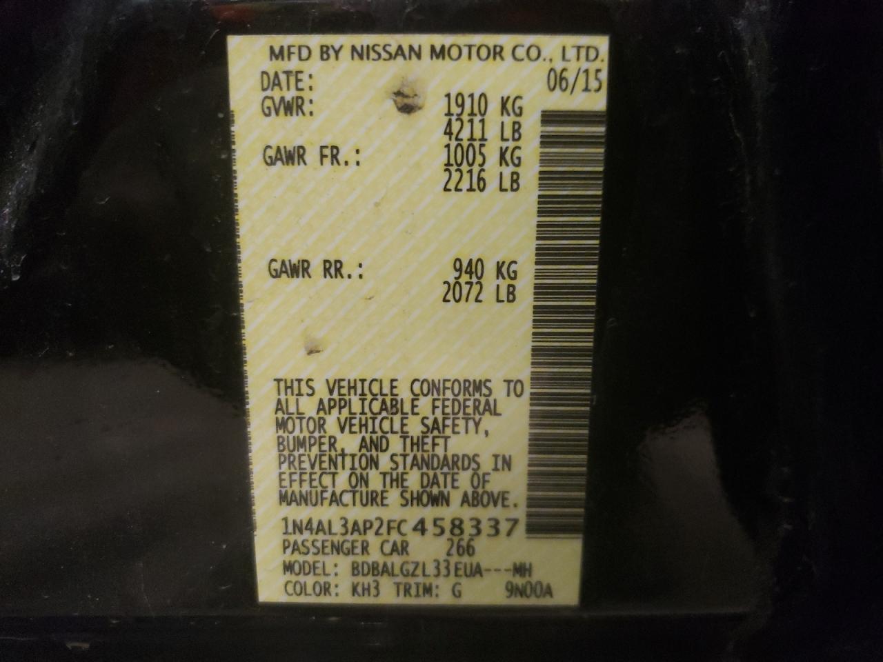 Photo 10 from auction – 2015 NISSAN ALTIMA 2.5 with VIN 1N4AL3AP2FC458337