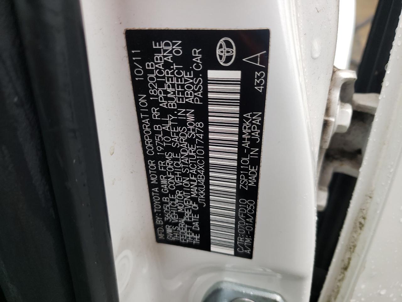 Photo 10 from auction – 2012 TOYOTA SCION XD with VIN JTKKU4B4XC1017478