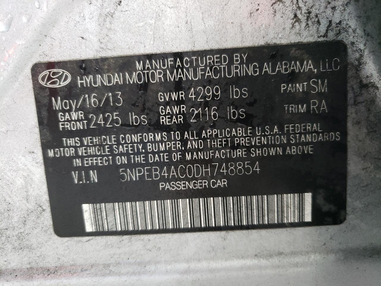 Photo 10 from auction – 2013 HYUNDAI SONATA GLS with VIN 5NPEB4AC0DH748854