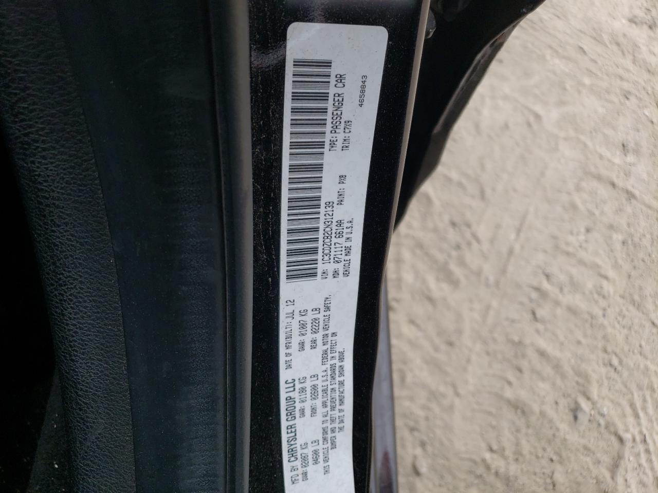 Photo 10 from auction – 2012 DODGE AVENGER SX with VIN 1C3CDZCB2CN312139