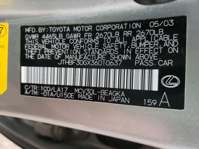 Photo 10 from auction – 2003 LEXUS ES 300 with VIN JTHBF30GX36010637