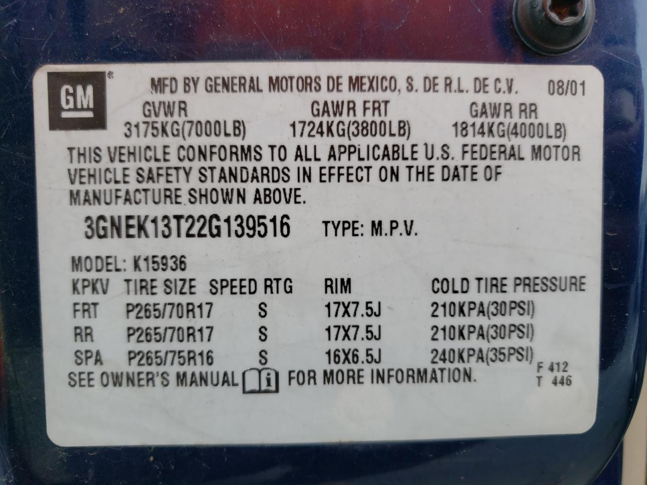 Photo 10 from auction – 2002 CHEVROLET AVALANCHE with VIN 3GNEK13T22G139516