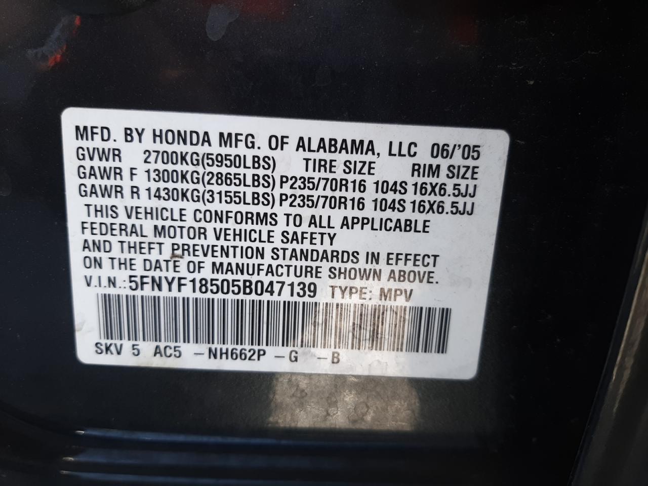 Photo 10 from auction – 2005 HONDA PILOT EXL with VIN 5FNYF18505B047139