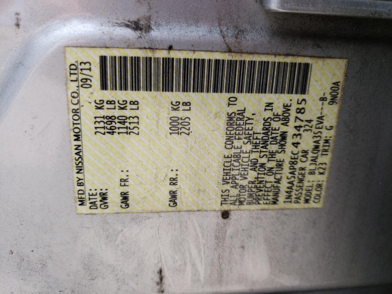 Photo 10 from auction – 2014 NISSAN MAXIMA S with VIN 1N4AA5AP8EC434785