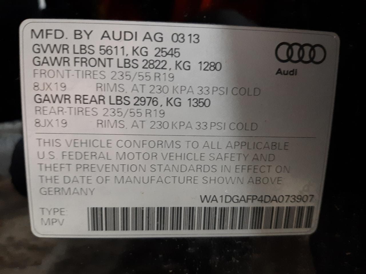Photo 10 from auction – 2013 AUDI Q5 PREMIUM with VIN WA1DGAFP4DA073907