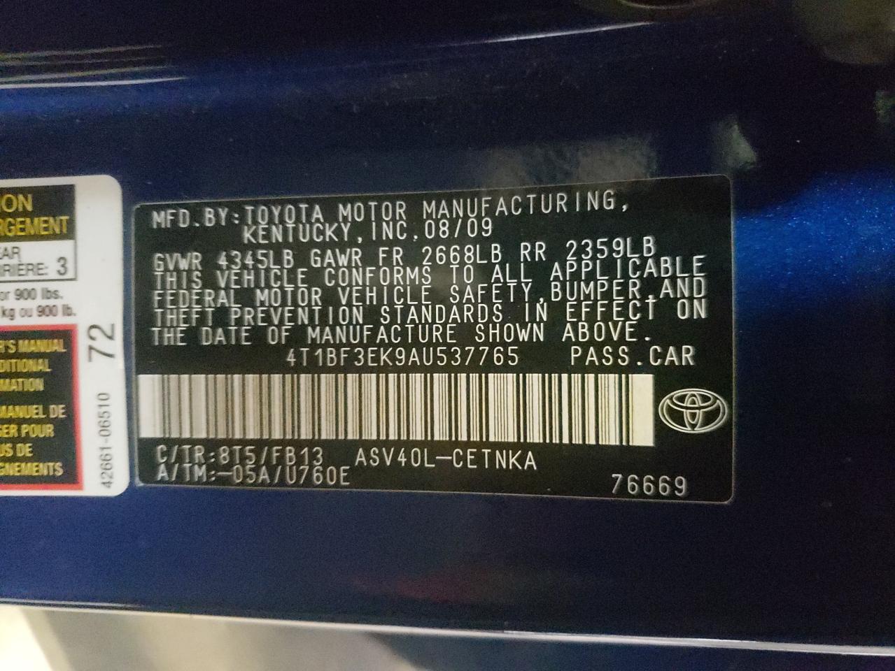 Photo 10 from auction – 2010 TOYOTA CAMRY BASE with VIN 4T1BF3EK9AU537765