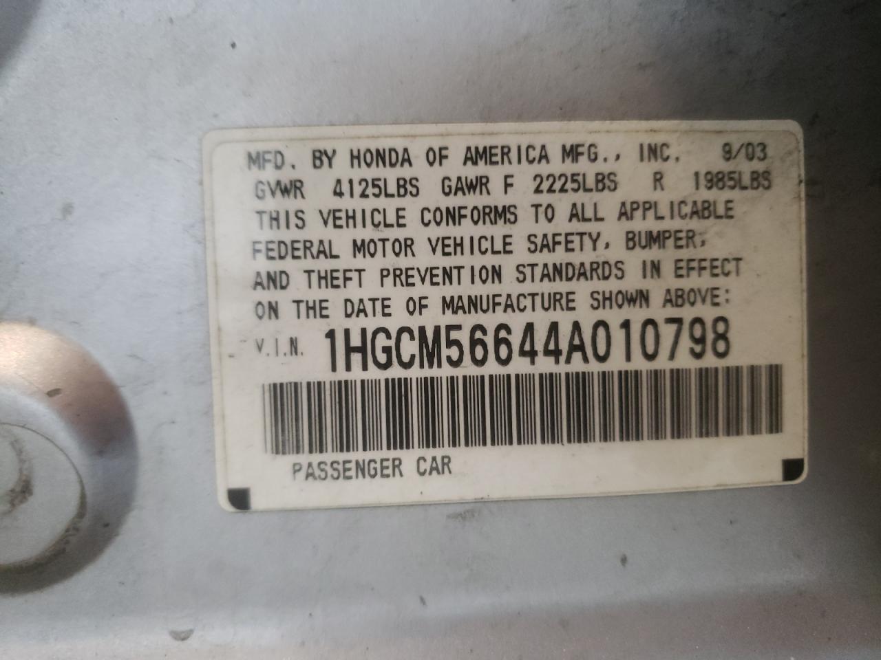 Photo 10 from auction – 2004 HONDA ACCORD EX with VIN 1HGCM56644A010798