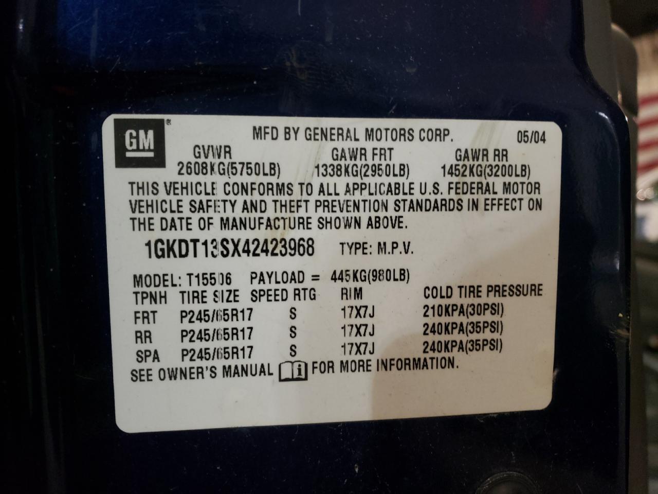 Photo 10 from auction – 2004 GMC ENVOY with VIN 1GKDT13SX42423968