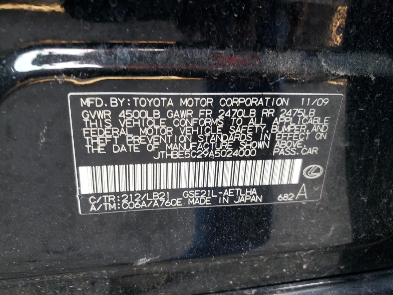 Photo 10 from auction – 2010 LEXUS IS 350 with VIN JTHBE5C29A5024000
