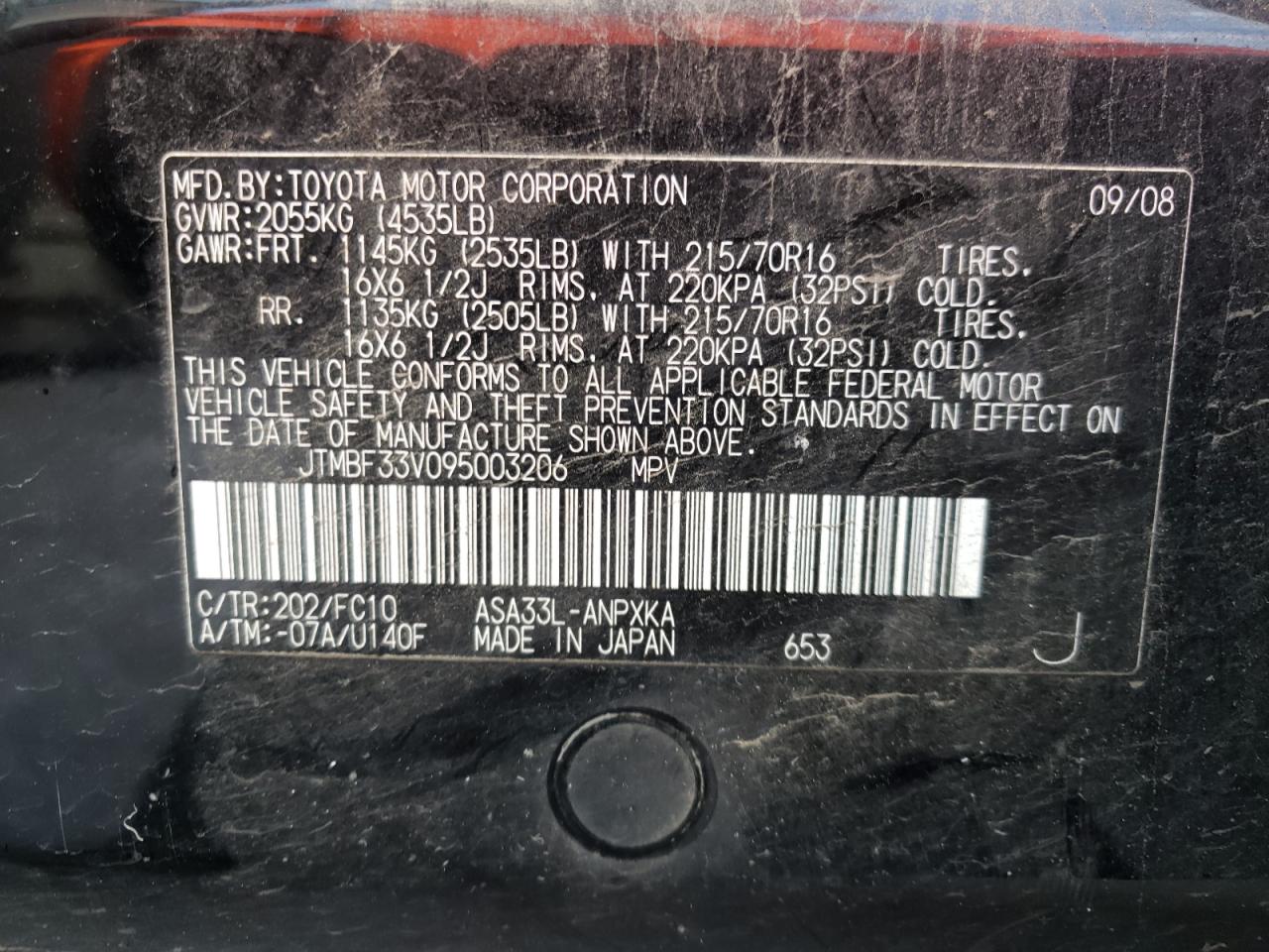Photo 10 from auction – 2009 TOYOTA RAV4 with VIN JTMBF33V095003206