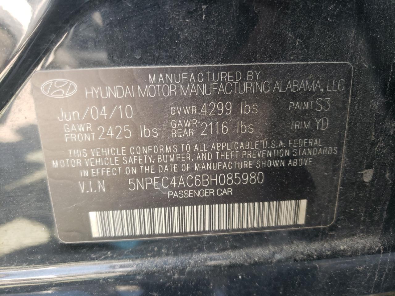 Photo 10 from auction – 2011 HYUNDAI SONATA SE with VIN 5NPEC4AC6BH085980
