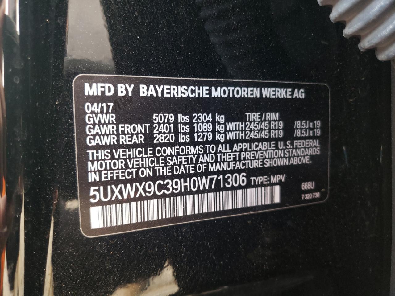 Photo 10 from auction – 2017 BMW X3 XDRIVE2 with VIN 5UXWX9C39H0W71306