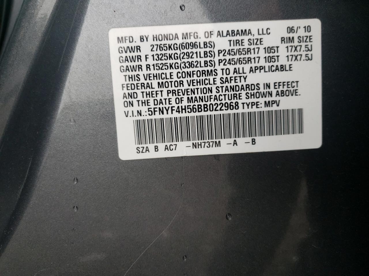 Photo 10 from auction – 2011 HONDA PILOT EXL with VIN 5FNYF4H56BB022968