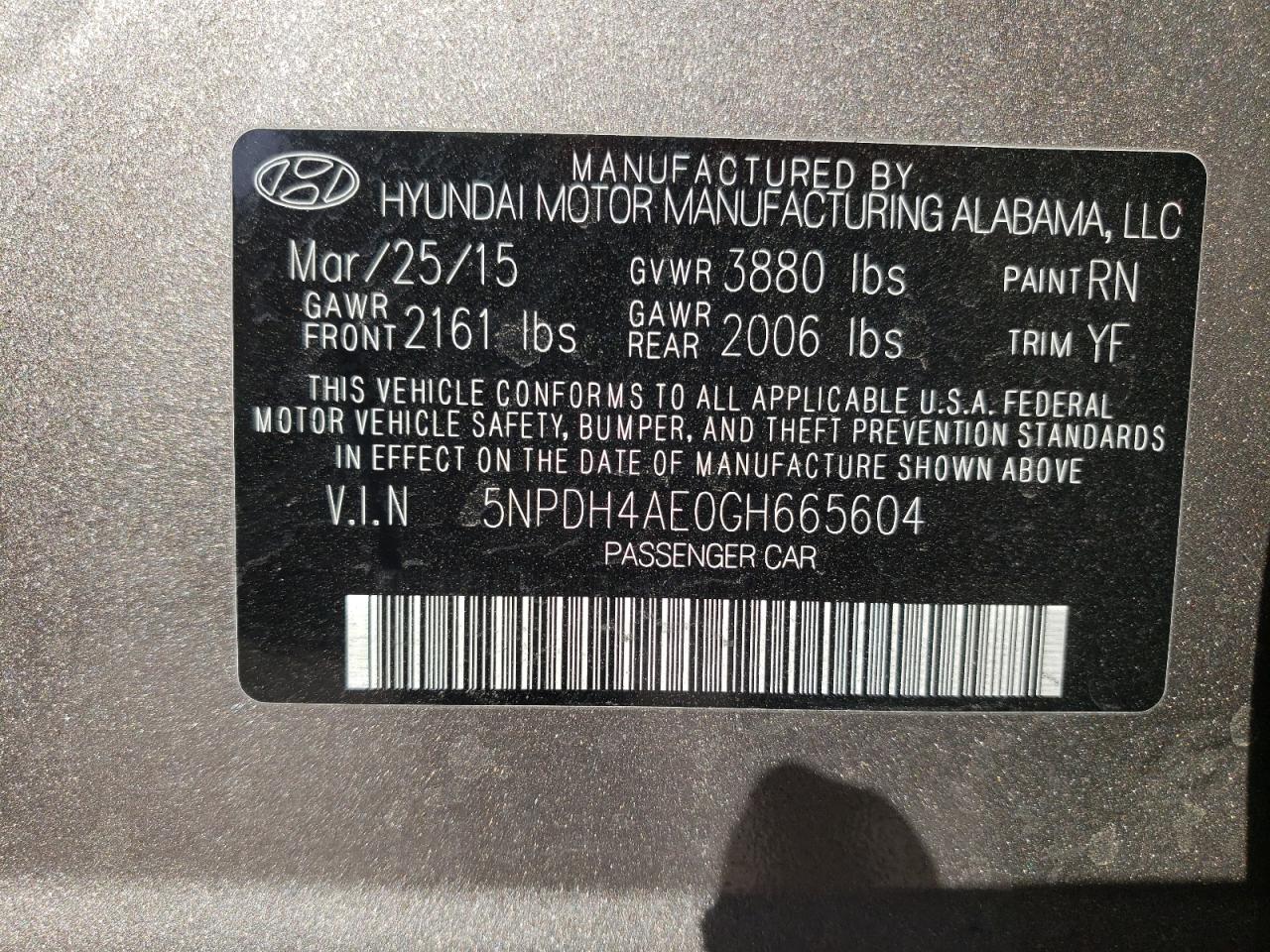 Photo 10 from auction – 2016 HYUNDAI ELANTRA SE with VIN 5NPDH4AE0GH665604