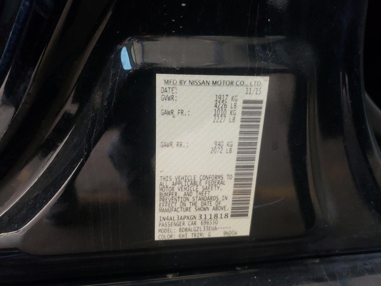 Photo 10 from auction – 2016 NISSAN ALTIMA 2.5 with VIN 1N4AL3APXGN311818