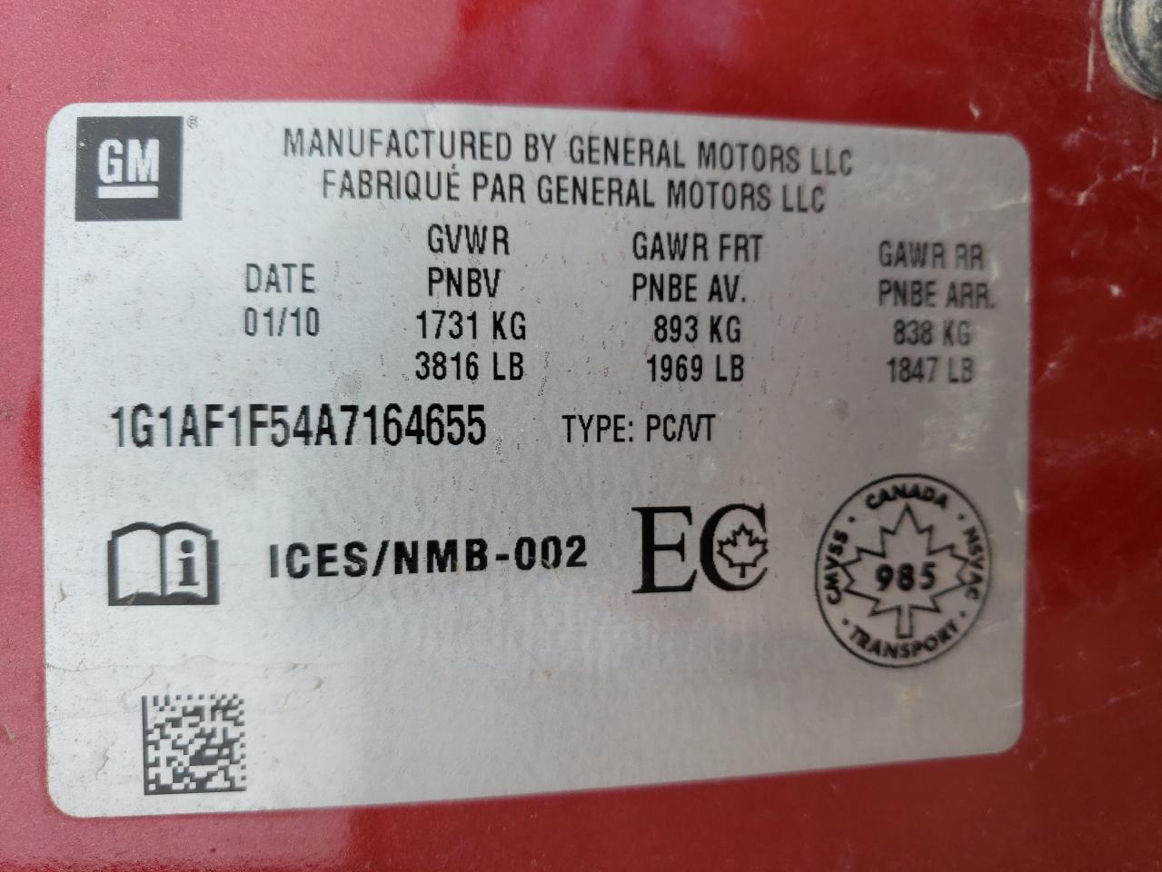 Photo 10 from auction – 2010 CHEVROLET COBALT 2LT with VIN 1G1AF1F54A7164655
