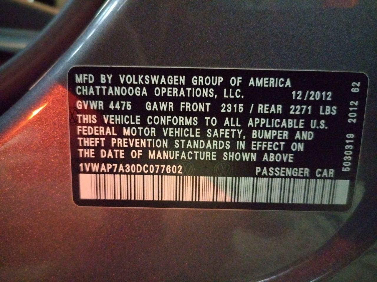 Photo 10 from auction – 2013 VOLKSWAGEN PASSAT S with VIN 1VWAP7A30DC077602