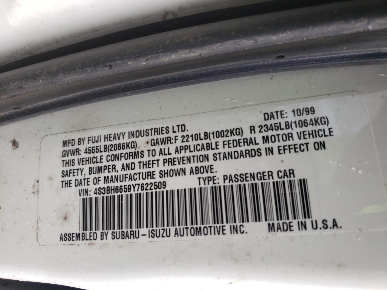 Photo 10 from auction – 2000 SUBARU LEGACY with VIN 4S3BH6659Y7622509