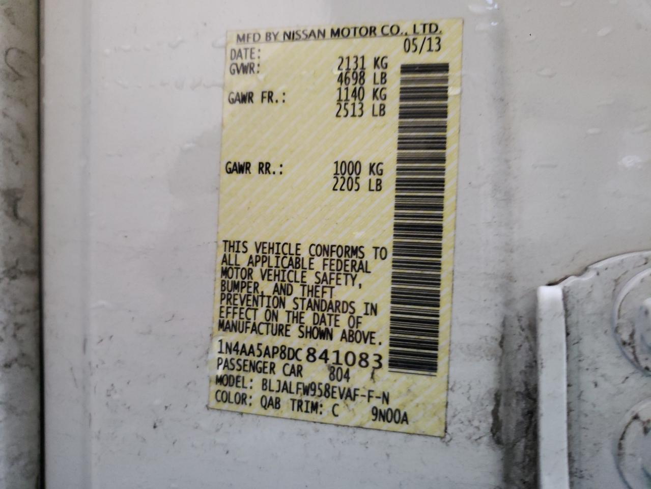 Photo 10 from auction – 2013 NISSAN MAXIMA S with VIN 1N4AA5AP8DC841083