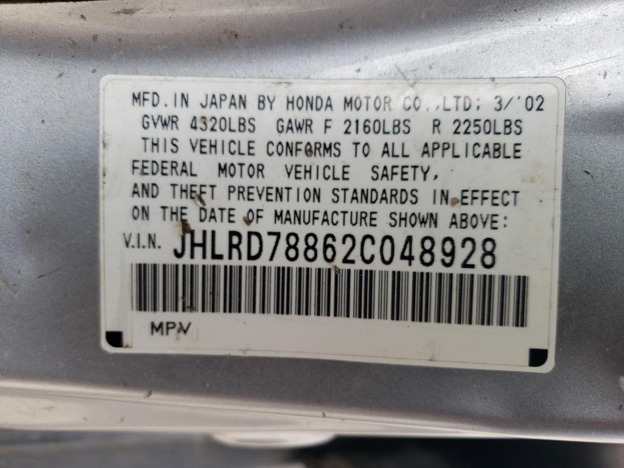 Photo 10 from auction – 2002 HONDA CR-V EX with VIN JHLRD78862C048928