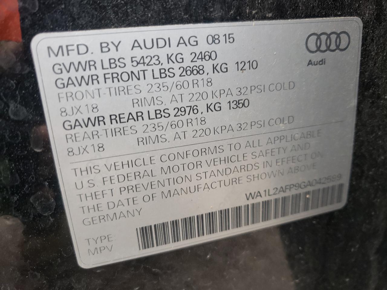 Photo 10 from auction – 2016 AUDI Q5 PREMIUM with VIN WA1L2AFP9GA042599