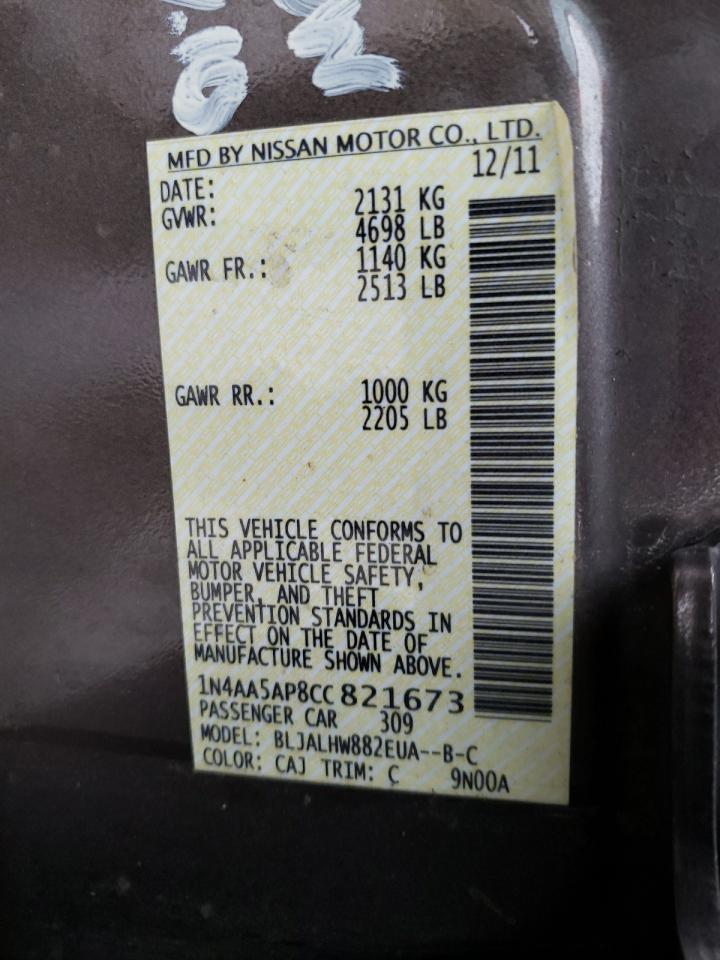 Photo 10 from auction – 2012 NISSAN MAXIMA S with VIN 1N4AA5AP8CC821673