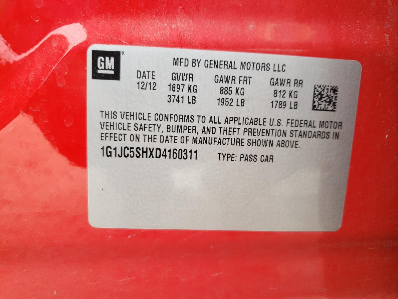 Photo 10 from auction – 2013 CHEVROLET SONIC LT with VIN 1G1JC5SHXD4160311