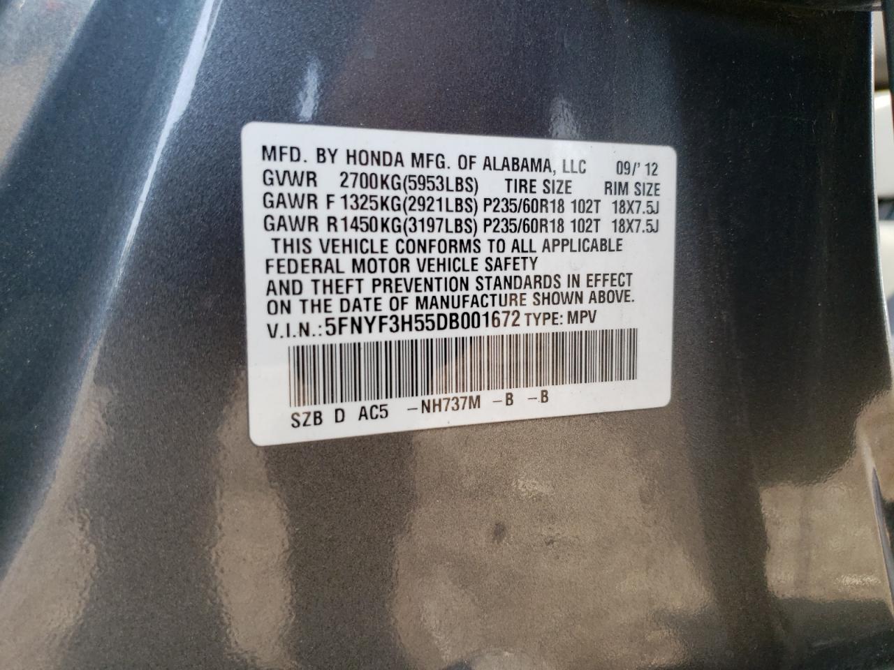 Zdjęcie 10 z aukcji – 2013 HONDA PILOT EXL z VIN 5FNYF3H55DB001672