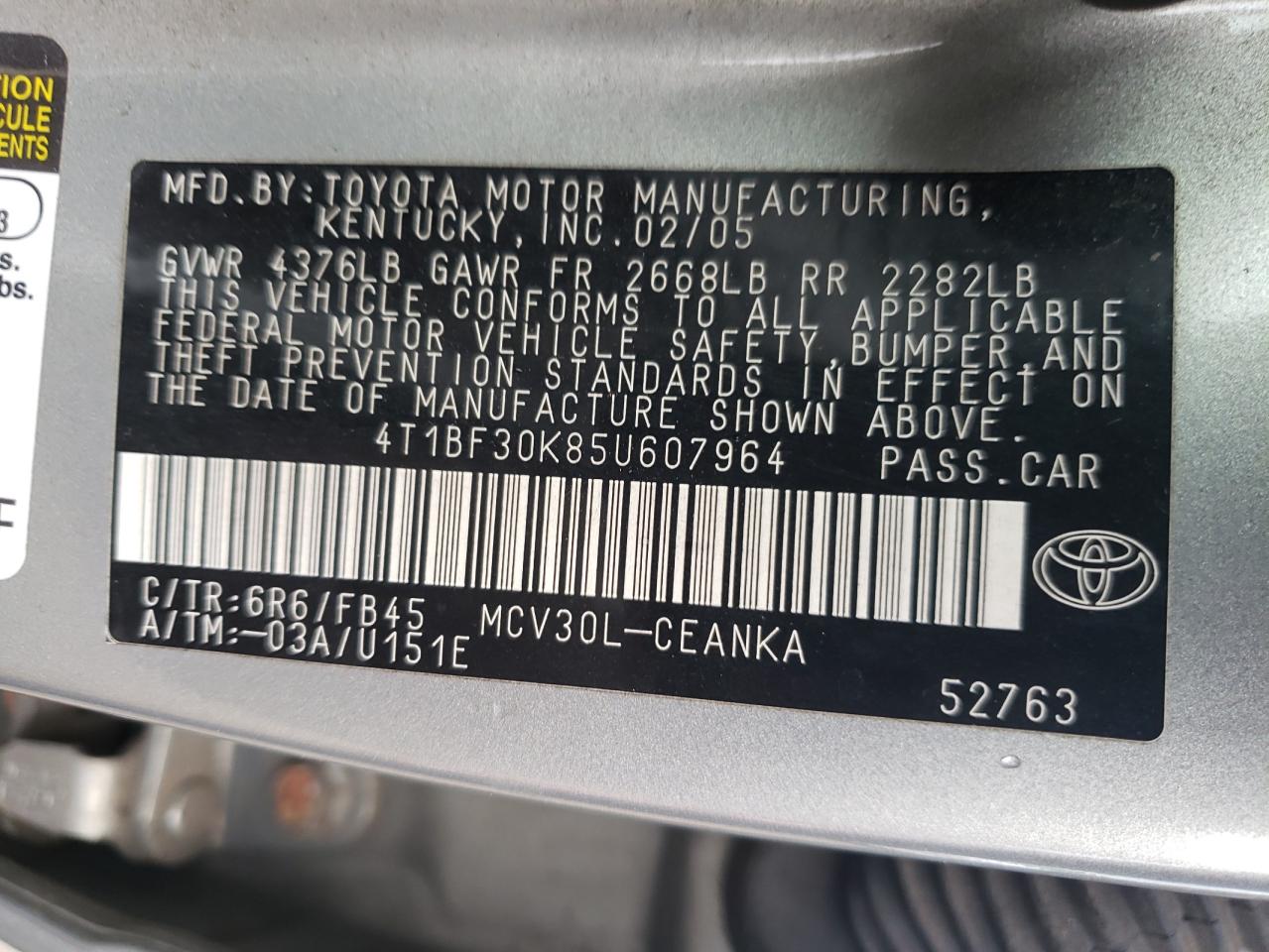 Photo 10 from auction – 2005 TOYOTA CAMRY LE with VIN 4T1BF30K85U607964