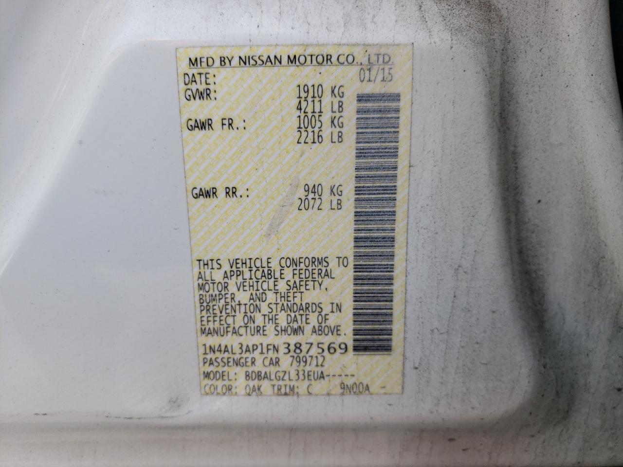 Photo 10 from auction – 2015 NISSAN ALTIMA 2.5 with VIN 1N4AL3AP1FN387569