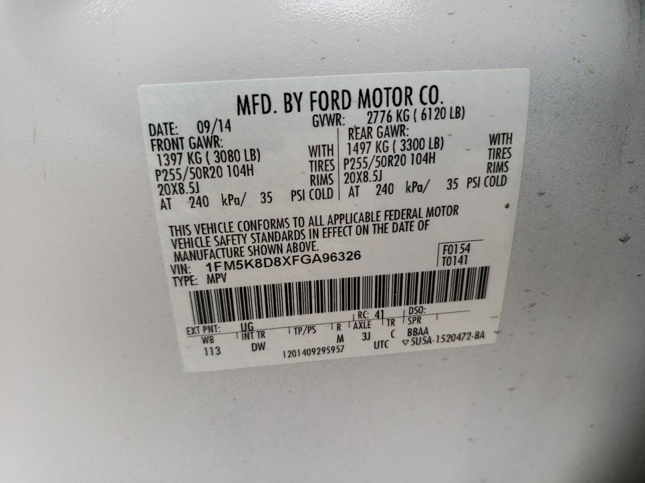 Photo 10 from auction – 2015 FORD EXPLORER X with VIN 1FM5K8D8XFGA96326