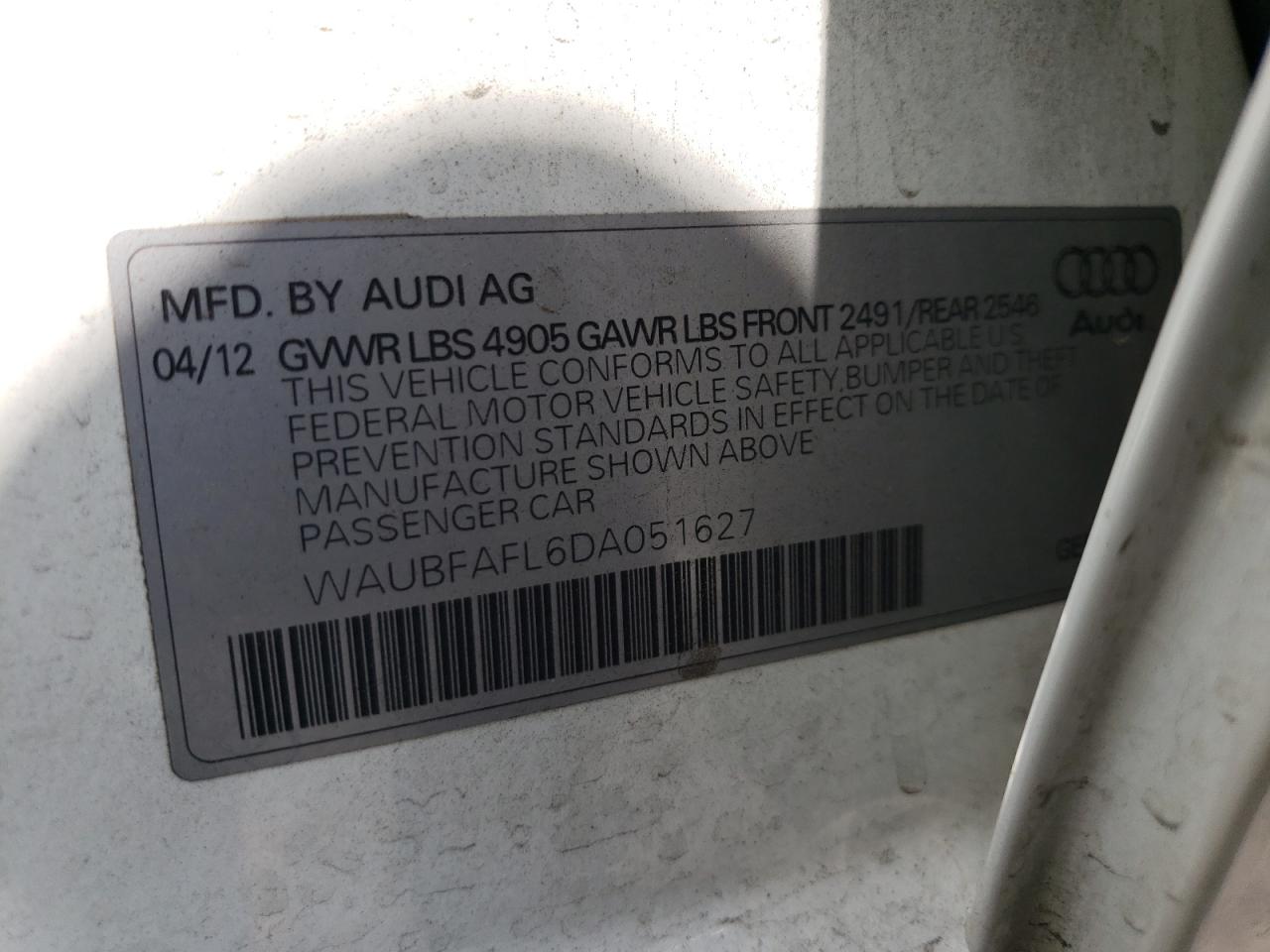 Фото 10 с аукциона – 2013 AUDI A4 PREMIUM с VIN WAUBFAFL6DA051627