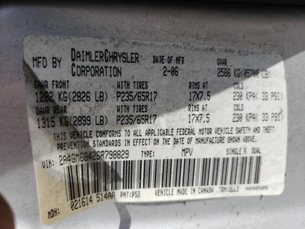 Photo 10 from auction – 2006 CHRYSLER PACIFICA T with VIN 2A4GM68426R798829