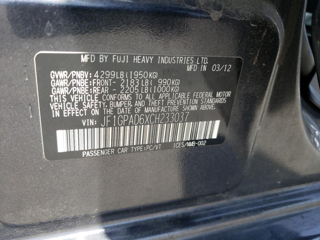 Photo 10 from auction – 2012 SUBARU IMPREZA PR with VIN JF1GPAD6XCH233037