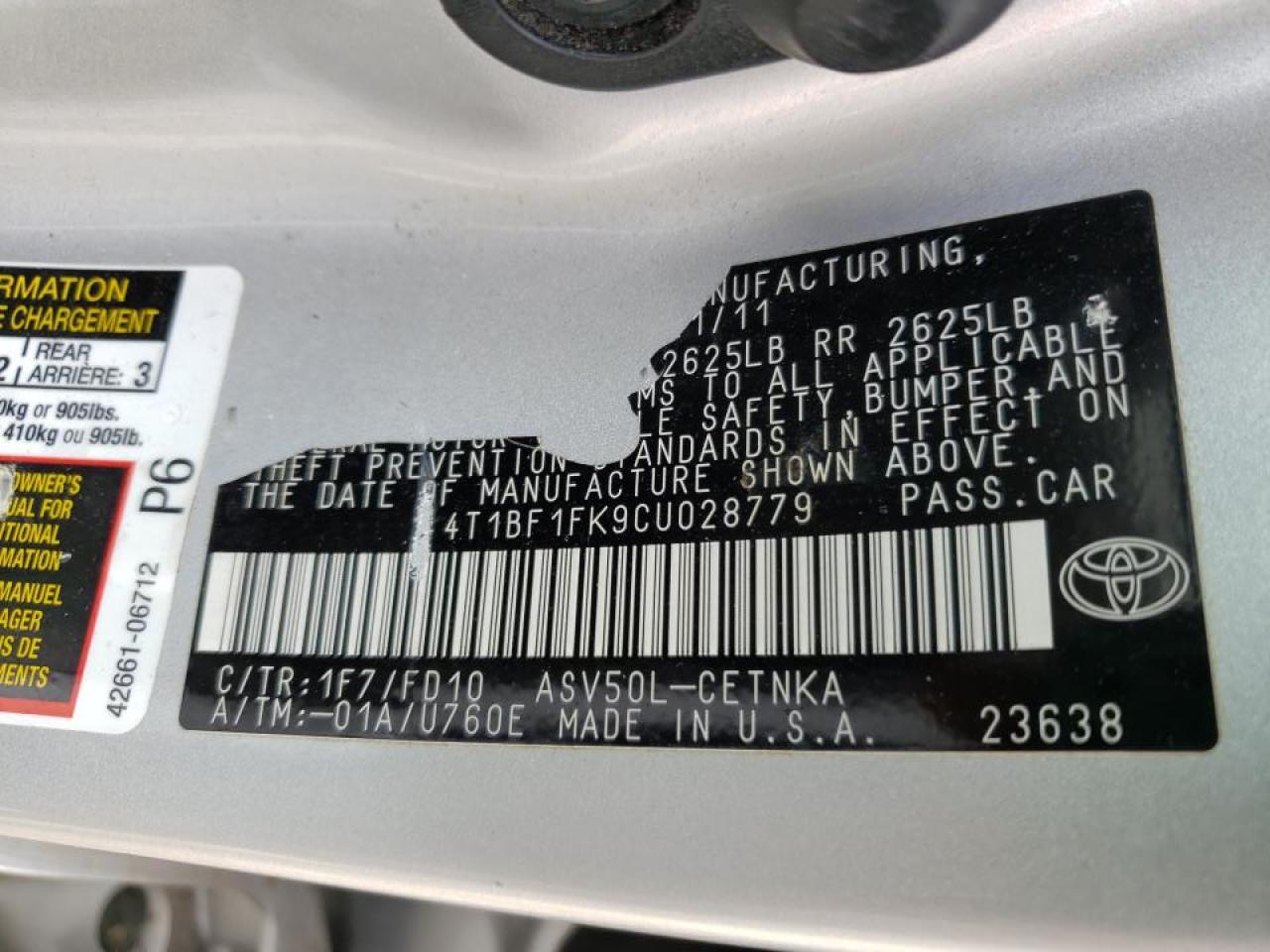 Photo 10 from auction – 2012 TOYOTA CAMRY BASE with VIN 4T1BF1FK9CU028779